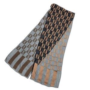 Fendi See-through Scarf Silk Zucca Pattern FF Logo Brown